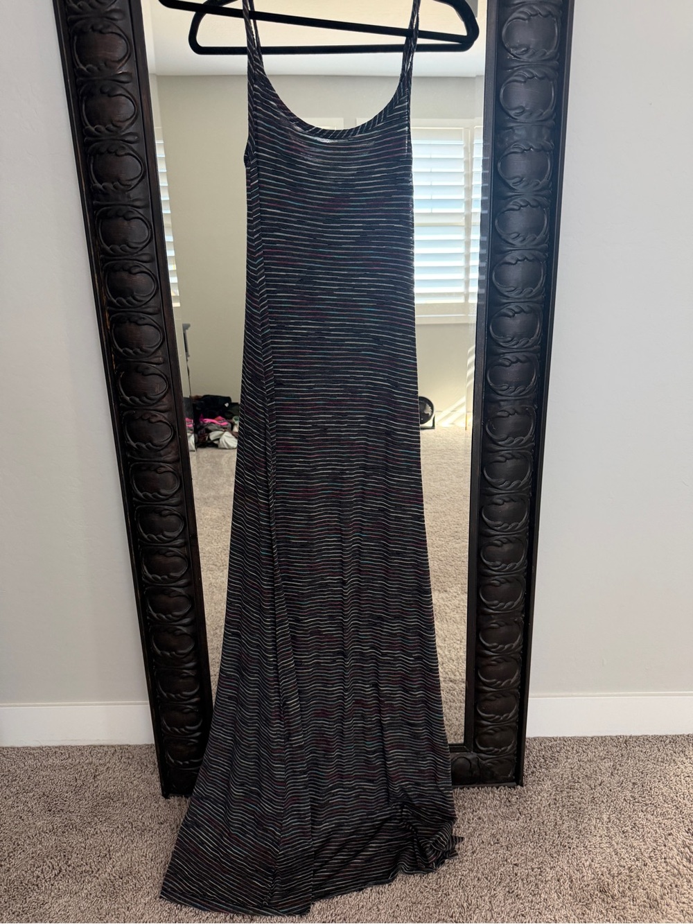 Michael Lauren Black Maxi Dress with Subtle Multicolor Stripes